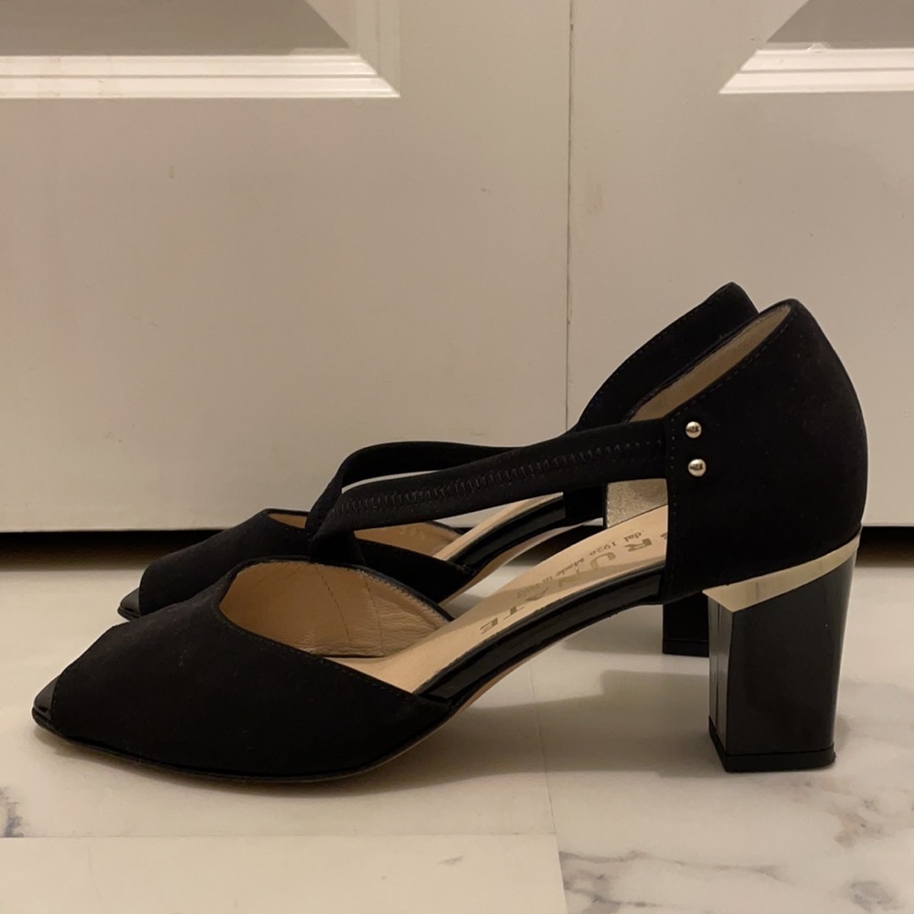 Brunate Black Diagonal Strap Heel with Gold-tone Accents